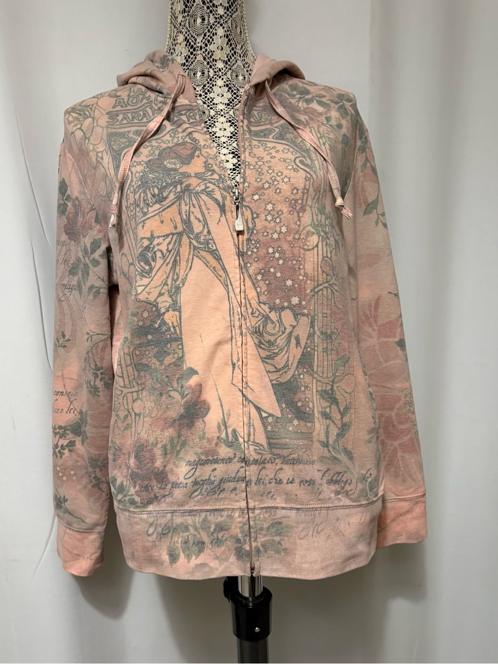 Women’s Decorative Zip-Up Hoodie Sz XL Art Nouveau Design Soft Colors Full Zip - Picture 8 of 10